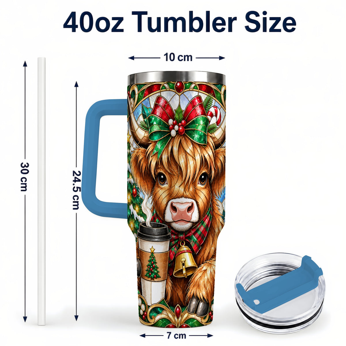 #pl[40oz|Blue] Highland Cow 40oz Tumbler with Handle, Stained Glass Style Travel Cup