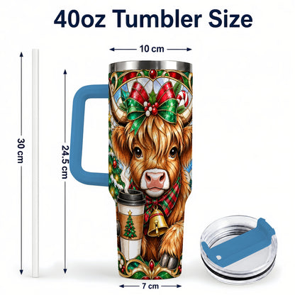 #pl[40oz|Blue] Highland Cow 40oz Tumbler with Handle, Stained Glass Style Travel Cup