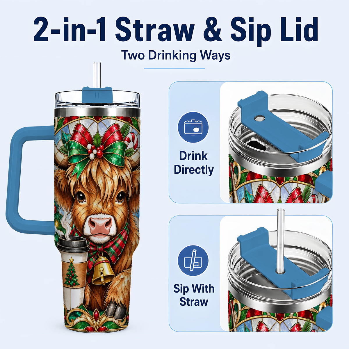 #pl[40oz|Blue] Highland Cow 40oz Tumbler with Handle, Stained Glass Style Travel Cup