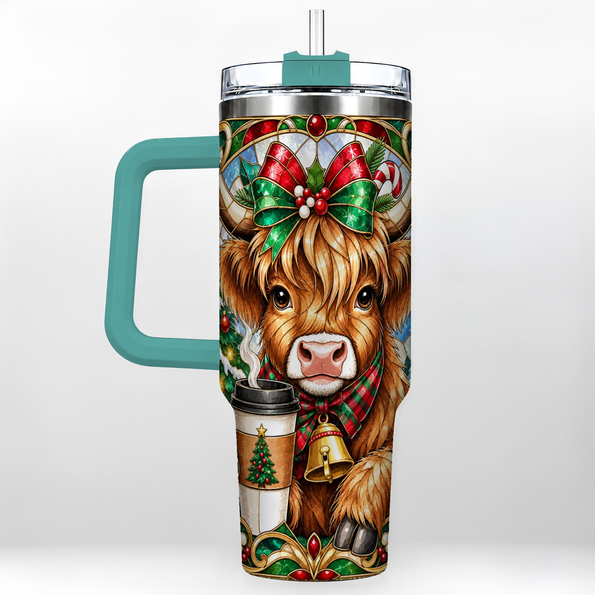 #pl[40oz|Green] Highland Cow 40oz Tumbler with Handle, Stained Glass Style Travel Cup
