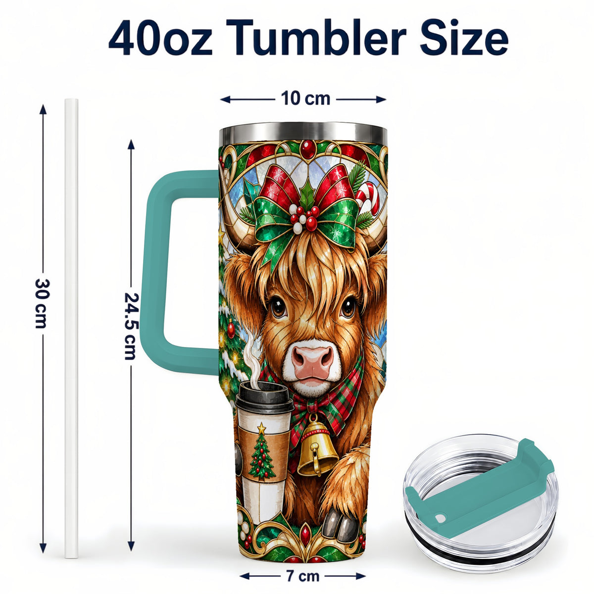 #pl[40oz|Green] Highland Cow 40oz Tumbler with Handle, Stained Glass Style Travel Cup