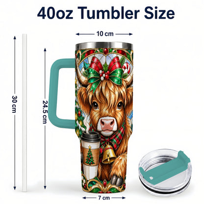 #pl[40oz|Green] Highland Cow 40oz Tumbler with Handle, Stained Glass Style Travel Cup