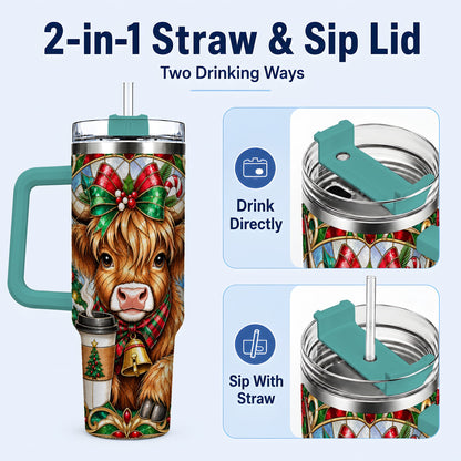 #pl[40oz|Green] Highland Cow 40oz Tumbler with Handle, Stained Glass Style Travel Cup