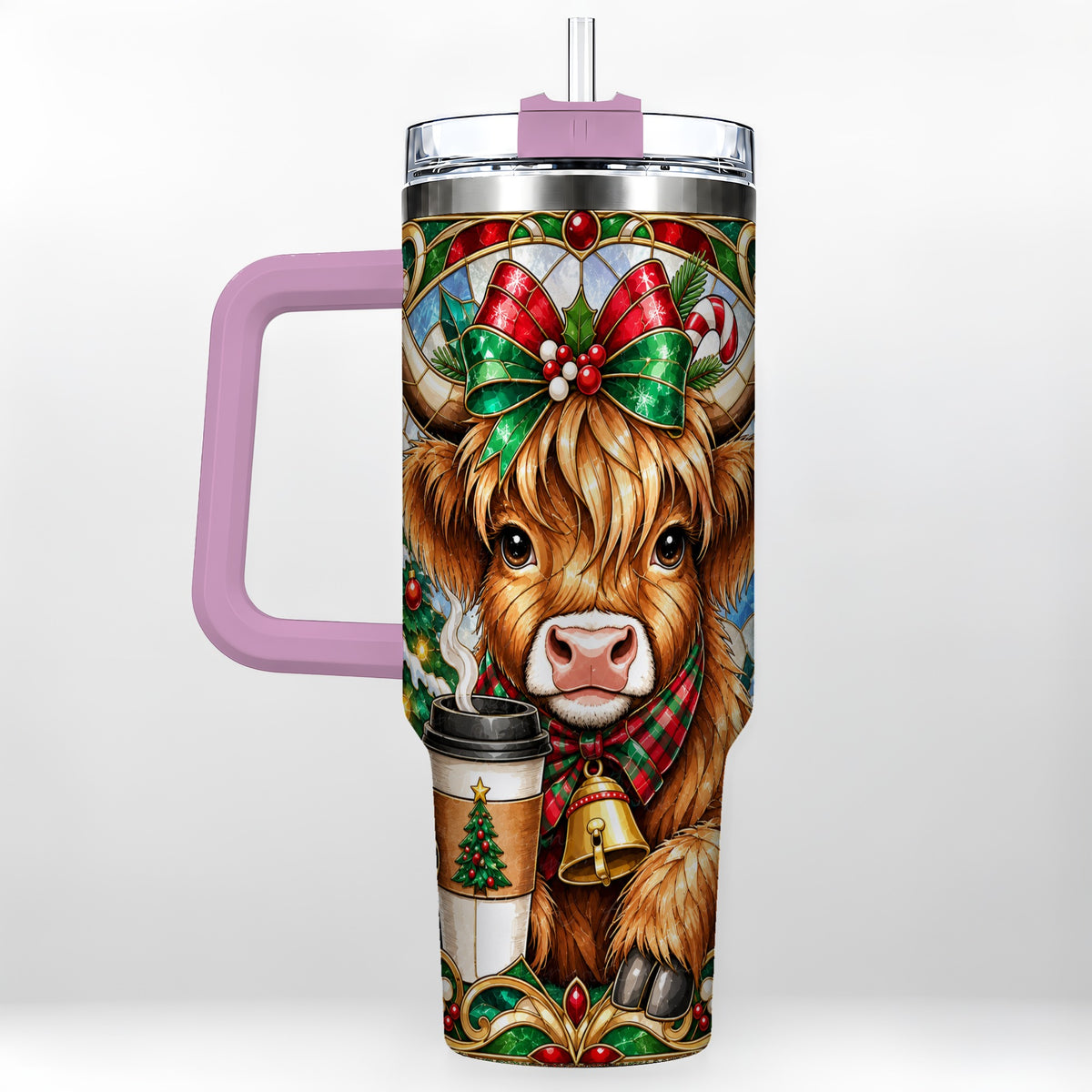 #pl[40oz|Pink] Highland Cow 40oz Tumbler with Handle, Stained Glass Style Travel Cup