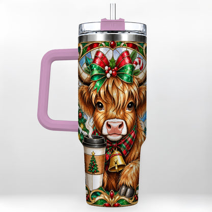 #pl[40oz|Pink] Highland Cow 40oz Tumbler with Handle, Stained Glass Style Travel Cup