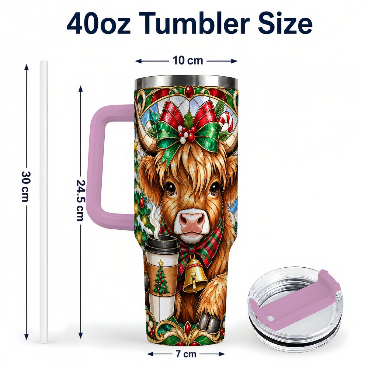#pl[40oz|Pink] Highland Cow 40oz Tumbler with Handle, Stained Glass Style Travel Cup