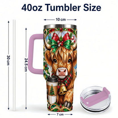 #pl[40oz|Pink] Highland Cow 40oz Tumbler with Handle, Stained Glass Style Travel Cup