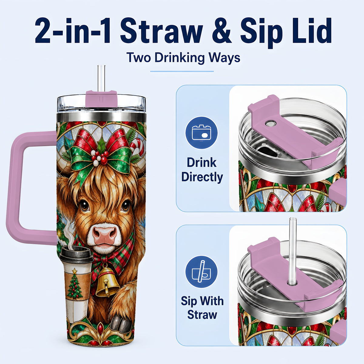 #pl[40oz|Pink] Highland Cow 40oz Tumbler with Handle, Stained Glass Style Travel Cup
