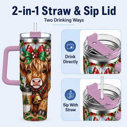 #pl[40oz|Pink] Highland Cow 40oz Tumbler with Handle, Stained Glass Style Travel Cup