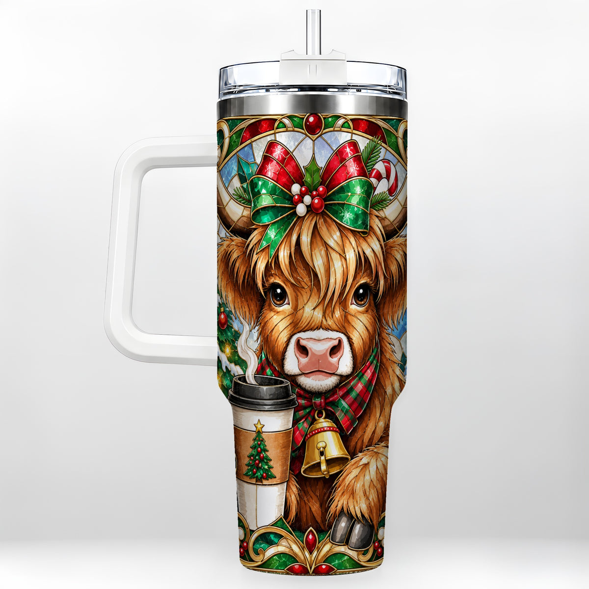 #pl[40oz|White] Highland Cow 40oz Tumbler with Handle, Stained Glass Style Travel Cup