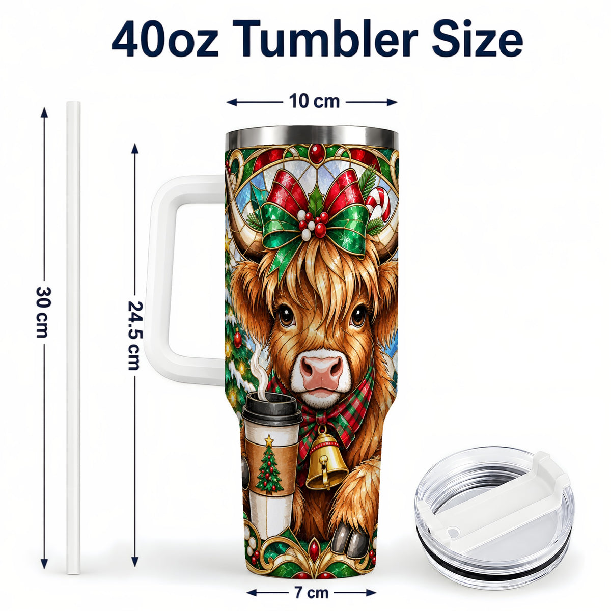 #pl[40oz|White] Highland Cow 40oz Tumbler with Handle, Stained Glass Style Travel Cup