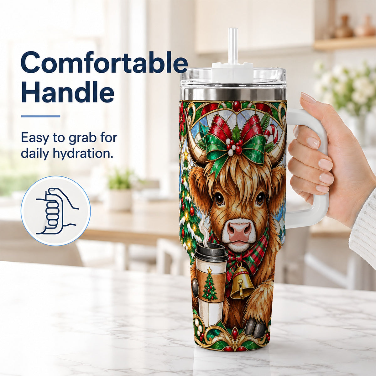 #pl[40oz|White] Highland Cow 40oz Tumbler with Handle, Stained Glass Style Travel Cup