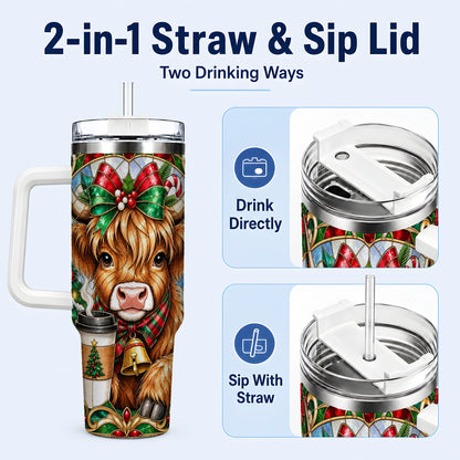#pl[40oz|White] Highland Cow 40oz Tumbler with Handle, Stained Glass Style Travel Cup