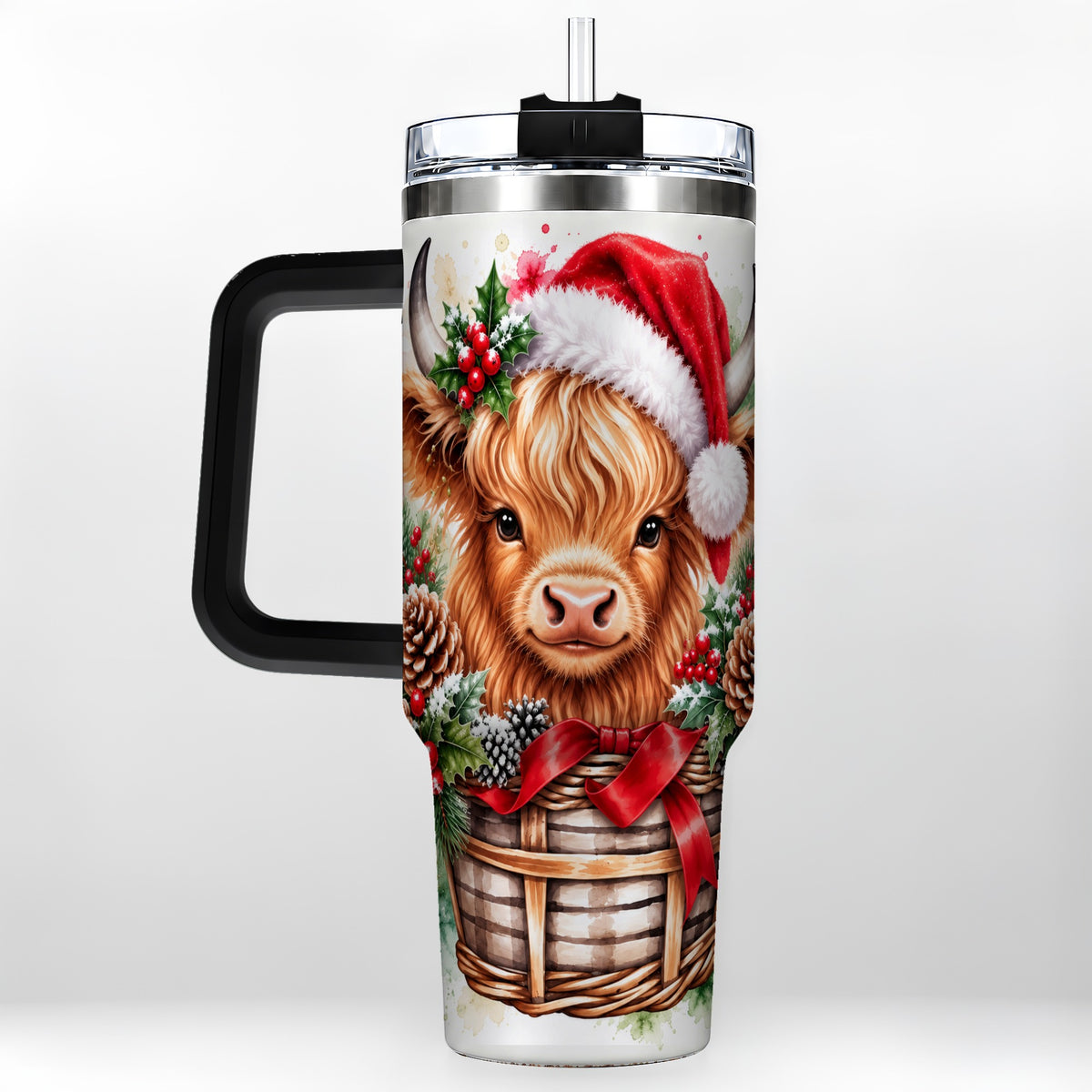 #pl[40oz|Black] Santa Hat Highland Cow 40oz Tumbler with Handle, Christmas Travel Cup
