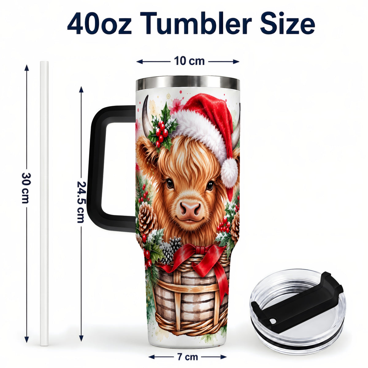#pl[40oz|Black] Santa Hat Highland Cow 40oz Tumbler with Handle, Christmas Travel Cup