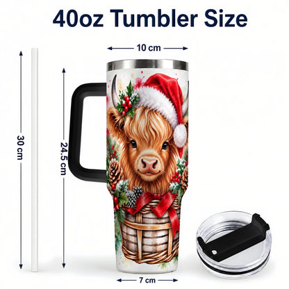 #pl[40oz|Black] Santa Hat Highland Cow 40oz Tumbler with Handle, Christmas Travel Cup