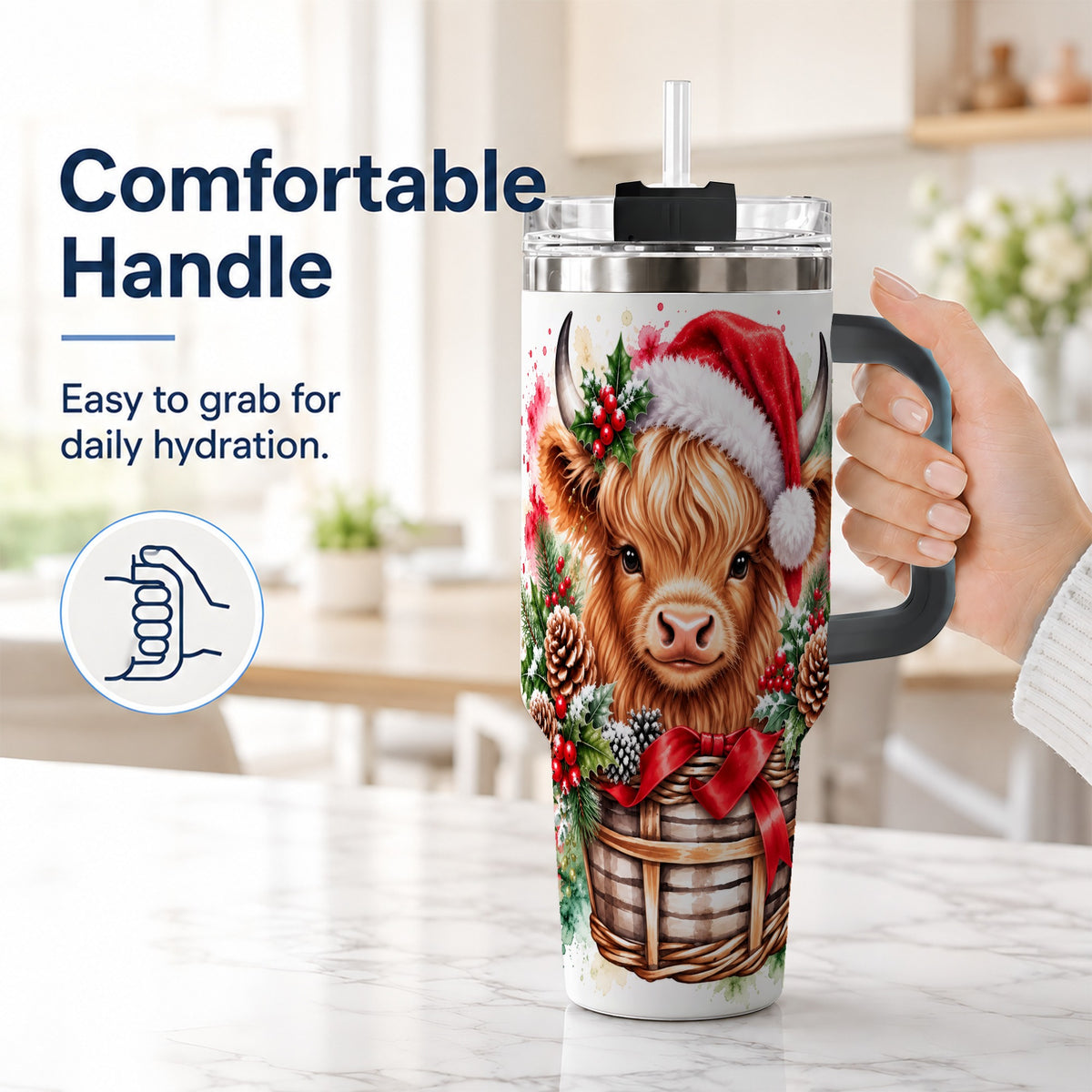 #pl[40oz|Black] Santa Hat Highland Cow 40oz Tumbler with Handle, Christmas Travel Cup