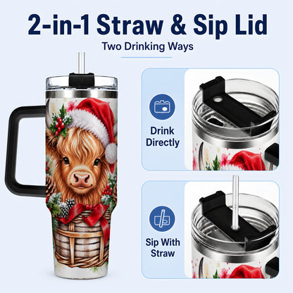 #pl[40oz|Black] Santa Hat Highland Cow 40oz Tumbler with Handle, Christmas Travel Cup