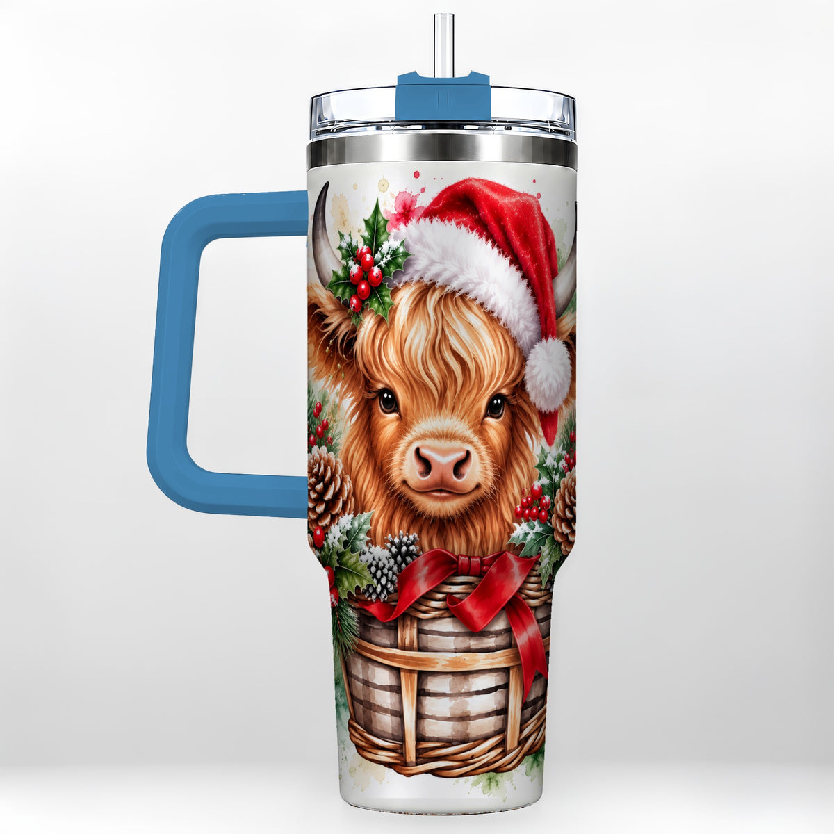 #pl[40oz|Blue] Santa Hat Highland Cow 40oz Tumbler with Handle, Christmas Travel Cup