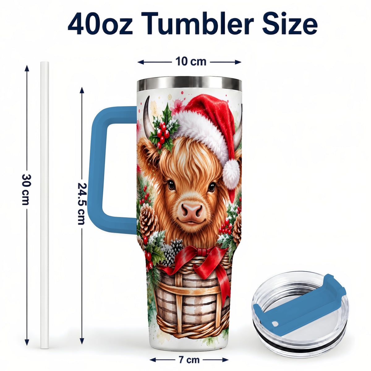 #pl[40oz|Blue] Santa Hat Highland Cow 40oz Tumbler with Handle, Christmas Travel Cup