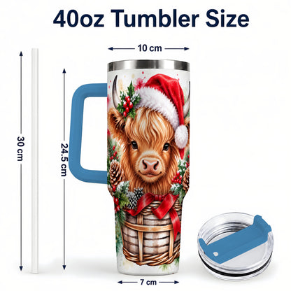 #pl[40oz|Blue] Santa Hat Highland Cow 40oz Tumbler with Handle, Christmas Travel Cup
