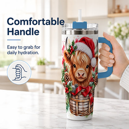 #pl[40oz|Blue] Santa Hat Highland Cow 40oz Tumbler with Handle, Christmas Travel Cup