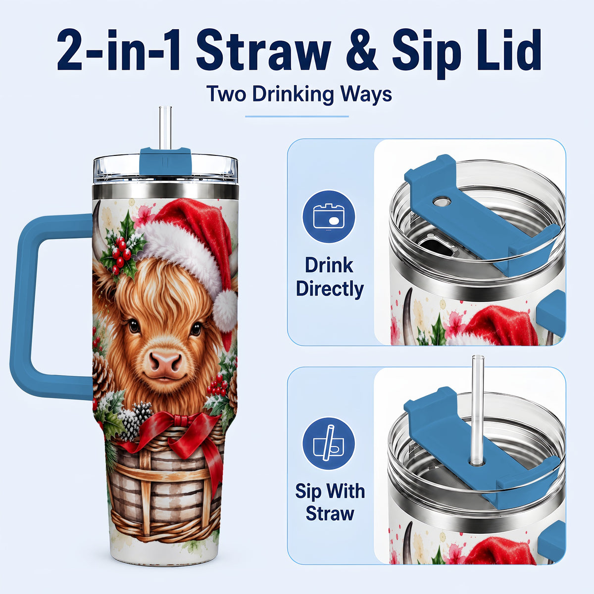 #pl[40oz|Blue] Santa Hat Highland Cow 40oz Tumbler with Handle, Christmas Travel Cup