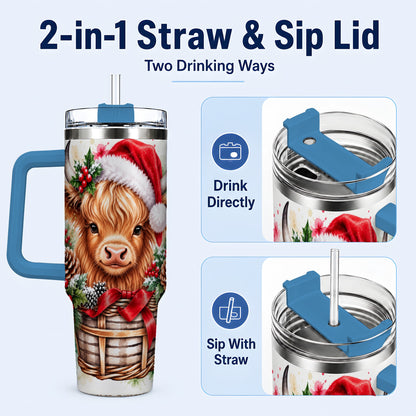 #pl[40oz|Blue] Santa Hat Highland Cow 40oz Tumbler with Handle, Christmas Travel Cup