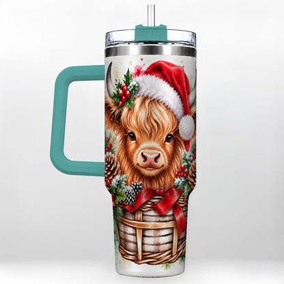 #pl[40oz|Green] Santa Hat Highland Cow 40oz Tumbler with Handle, Christmas Travel Cup