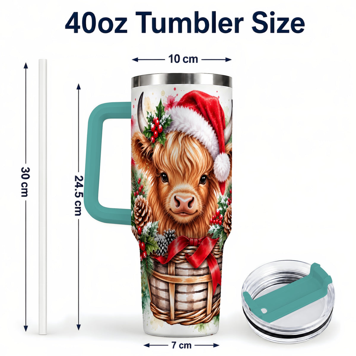 #pl[40oz|Green] Santa Hat Highland Cow 40oz Tumbler with Handle, Christmas Travel Cup