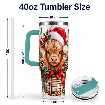 #pl[40oz|Green] Santa Hat Highland Cow 40oz Tumbler with Handle, Christmas Travel Cup