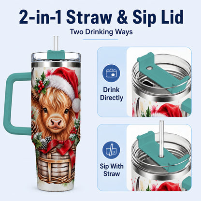 #pl[40oz|Green] Santa Hat Highland Cow 40oz Tumbler with Handle, Christmas Travel Cup