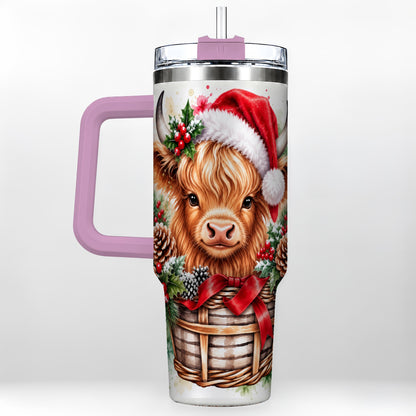 #pl[40oz|Pink] Santa Hat Highland Cow 40oz Tumbler with Handle, Christmas Travel Cup