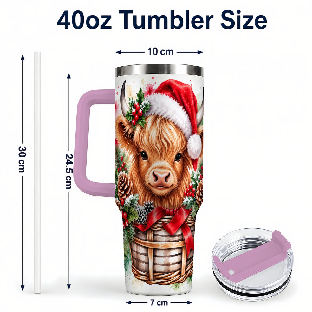 #pl[40oz|Pink] Santa Hat Highland Cow 40oz Tumbler with Handle, Christmas Travel Cup