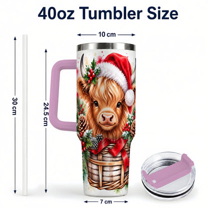 #pl[40oz|Pink] Santa Hat Highland Cow 40oz Tumbler with Handle, Christmas Travel Cup