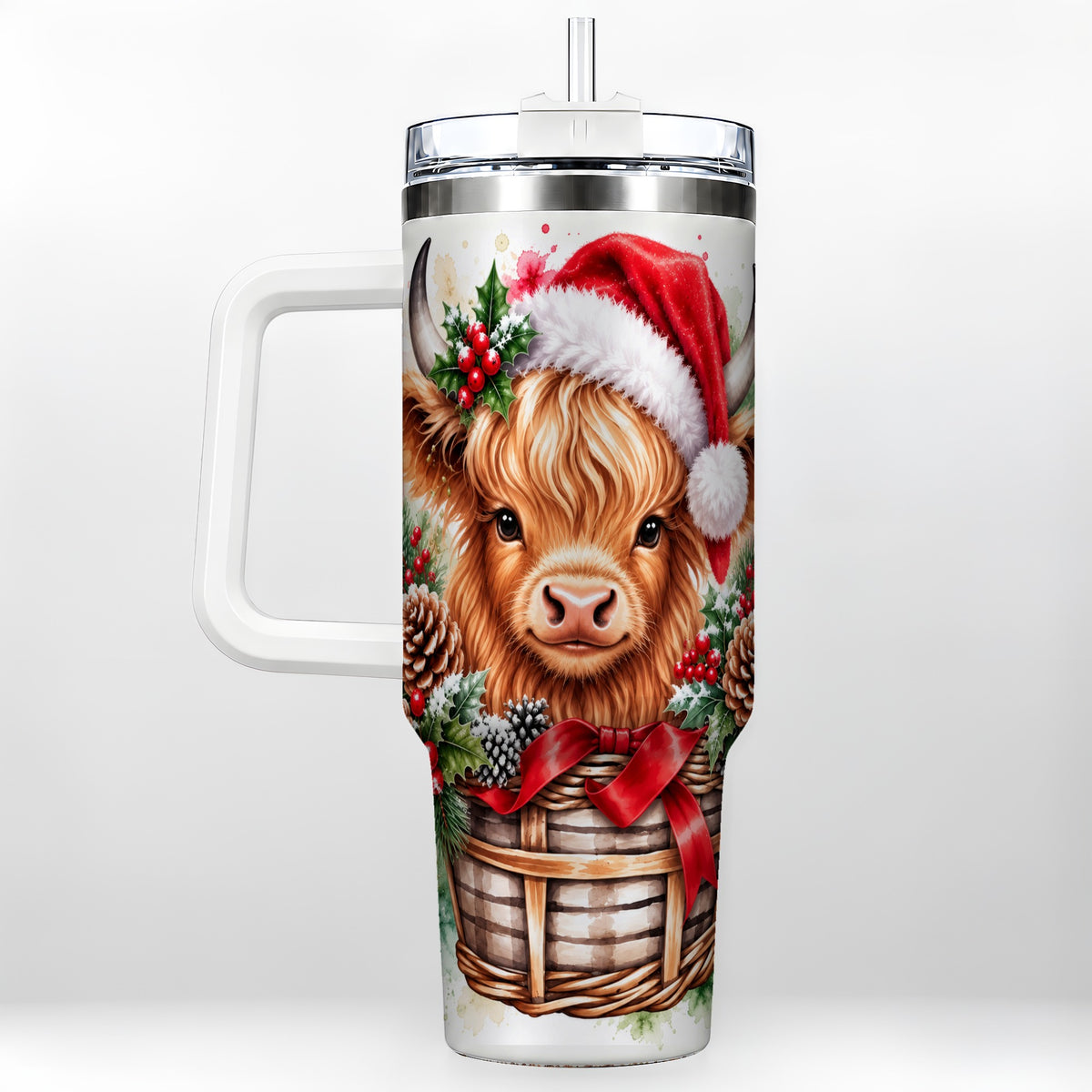 #pl[40oz|White] Santa Hat Highland Cow 40oz Tumbler with Handle, Christmas Travel Cup