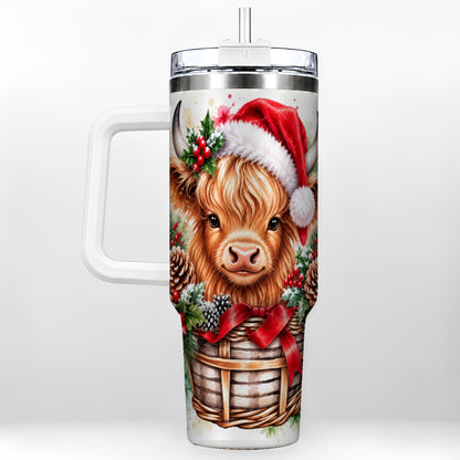 #pl[40oz|White] Santa Hat Highland Cow 40oz Tumbler with Handle, Christmas Travel Cup