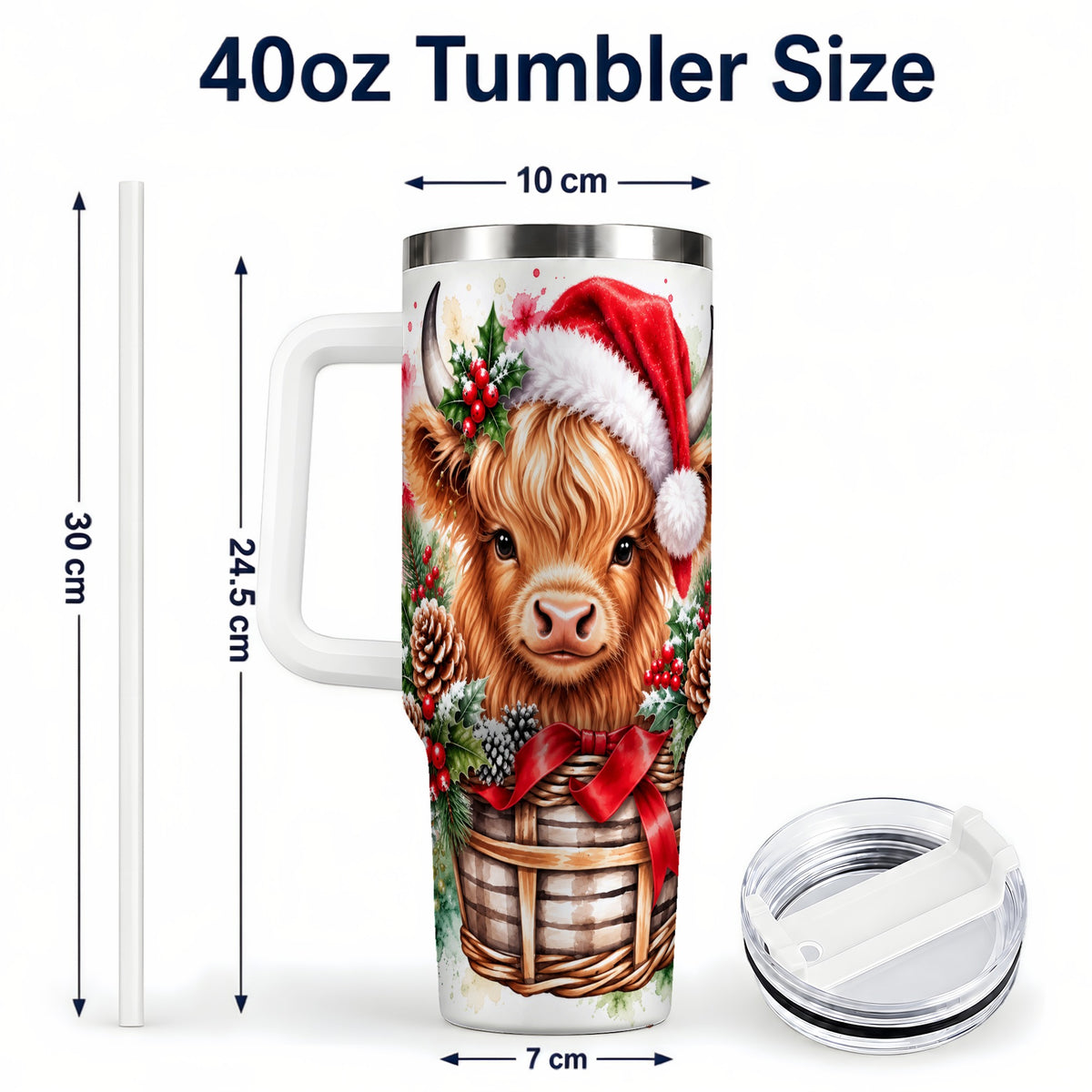 #pl[40oz|White] Santa Hat Highland Cow 40oz Tumbler with Handle, Christmas Travel Cup