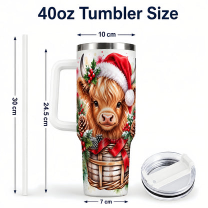 #pl[40oz|White] Santa Hat Highland Cow 40oz Tumbler with Handle, Christmas Travel Cup