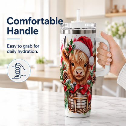 #pl[40oz|White] Santa Hat Highland Cow 40oz Tumbler with Handle, Christmas Travel Cup