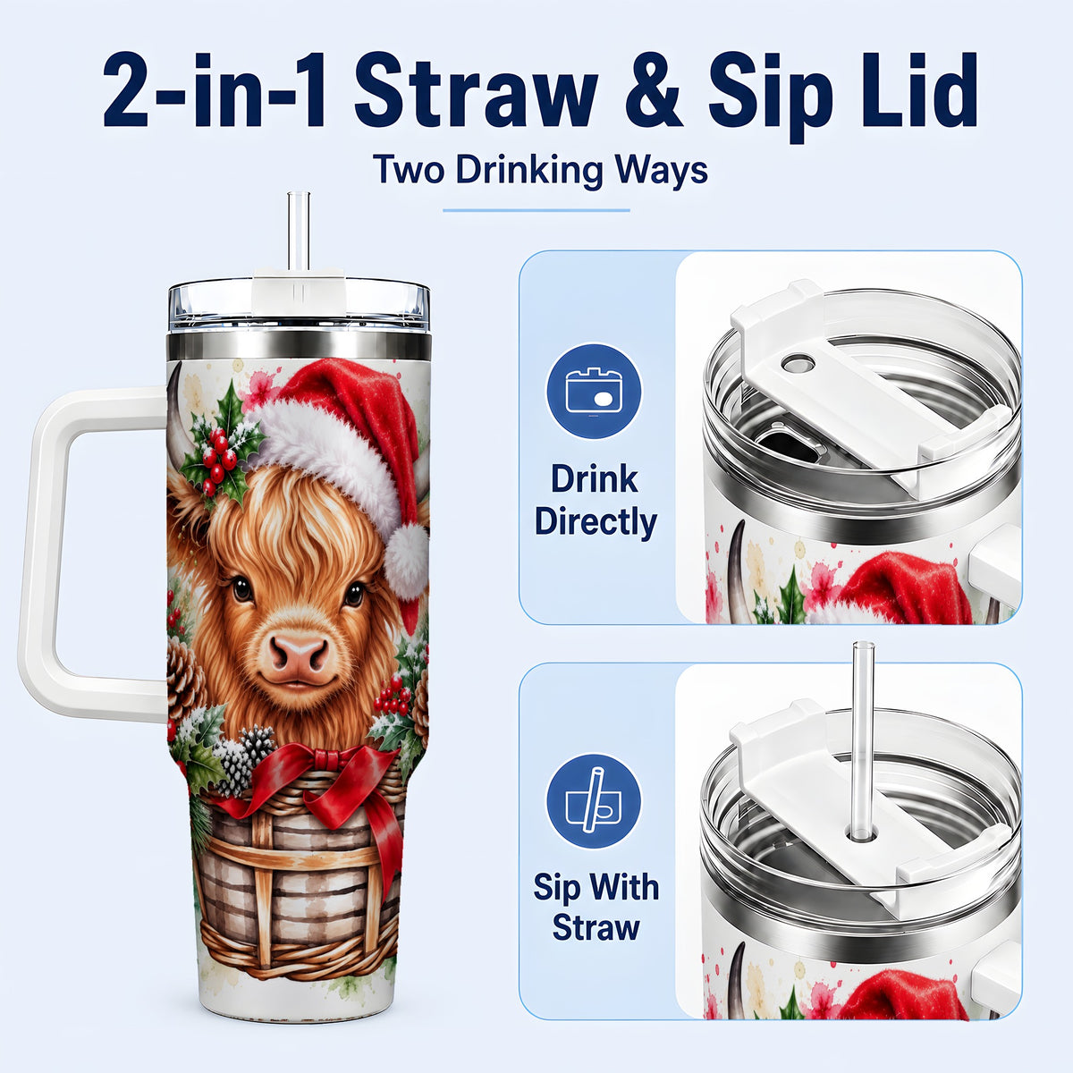 #pl[40oz|White] Santa Hat Highland Cow 40oz Tumbler with Handle, Christmas Travel Cup