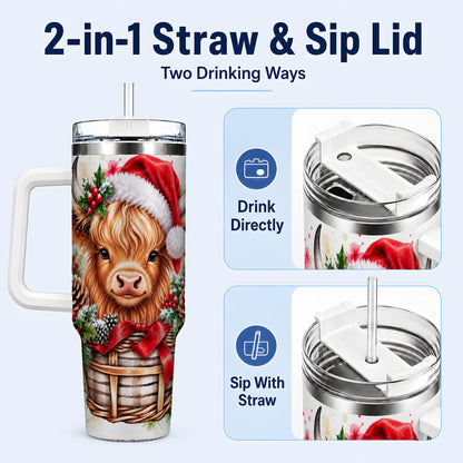 #pl[40oz|White] Santa Hat Highland Cow 40oz Tumbler with Handle, Christmas Travel Cup