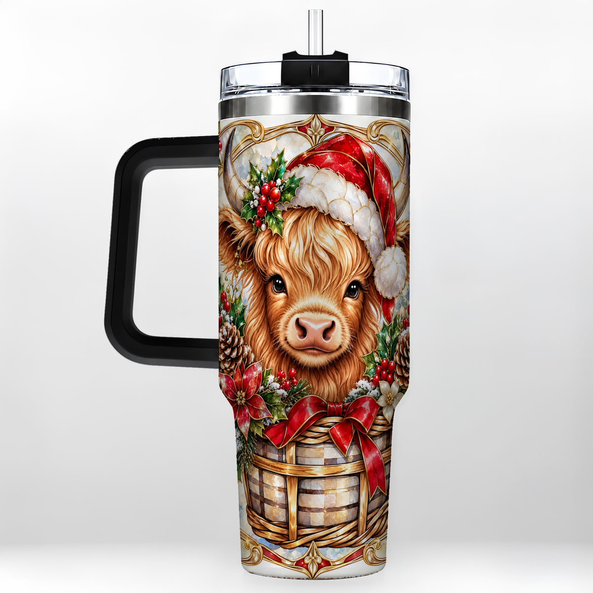 #pl[40oz|Black] Highland Cow 40oz Tumbler with Handle, Ornate Christmas Travel Cup