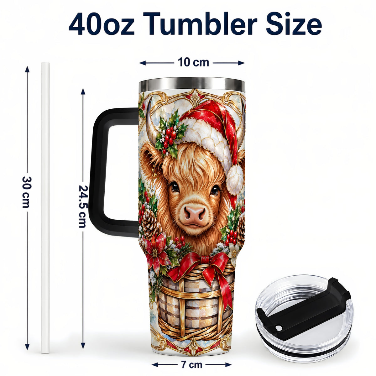 #pl[40oz|Black] Highland Cow 40oz Tumbler with Handle, Ornate Christmas Travel Cup