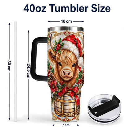 #pl[40oz|Black] Highland Cow 40oz Tumbler with Handle, Ornate Christmas Travel Cup