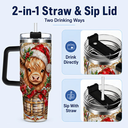 #pl[40oz|Black] Highland Cow 40oz Tumbler with Handle, Ornate Christmas Travel Cup