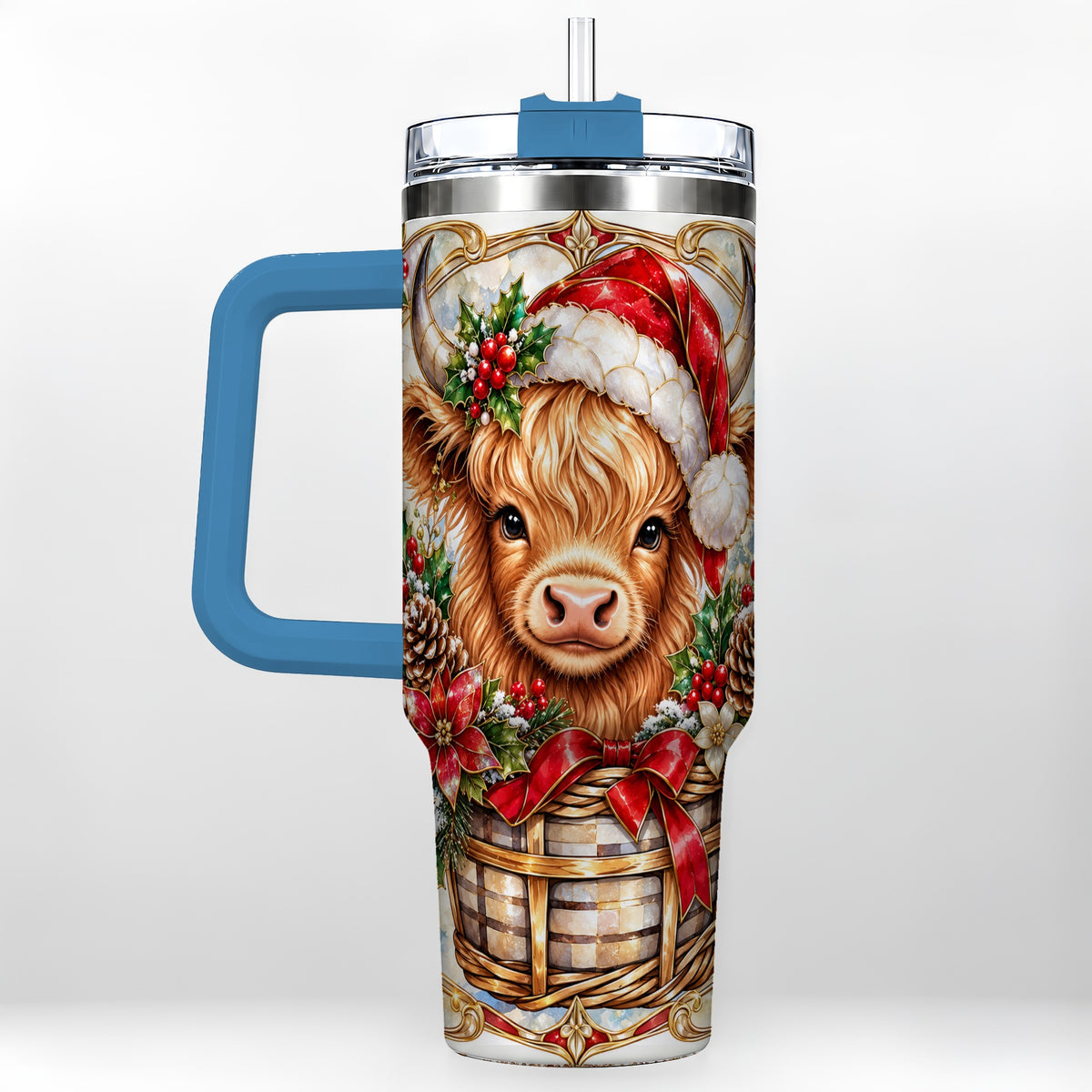 #pl[40oz|Blue] Highland Cow 40oz Tumbler with Handle, Ornate Christmas Travel Cup