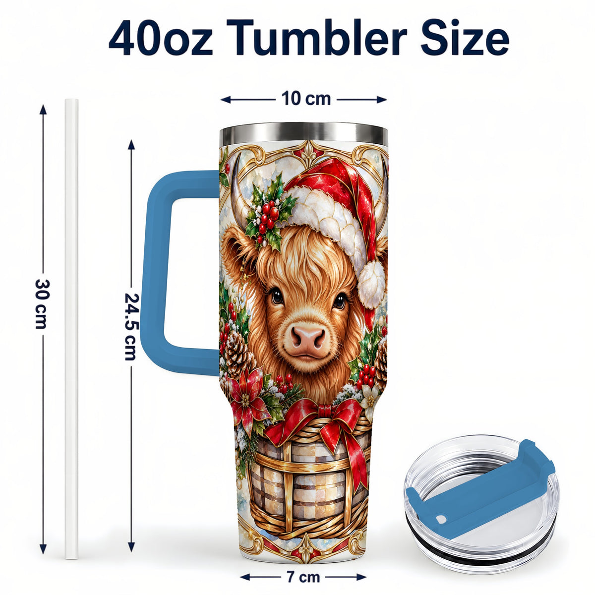 #pl[40oz|Blue] Highland Cow 40oz Tumbler with Handle, Ornate Christmas Travel Cup