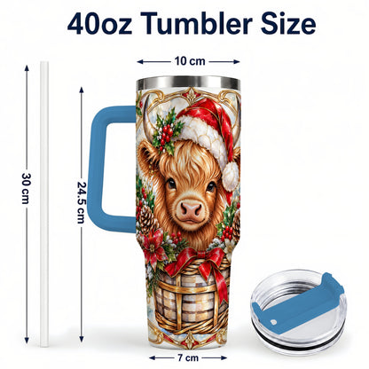 #pl[40oz|Blue] Highland Cow 40oz Tumbler with Handle, Ornate Christmas Travel Cup