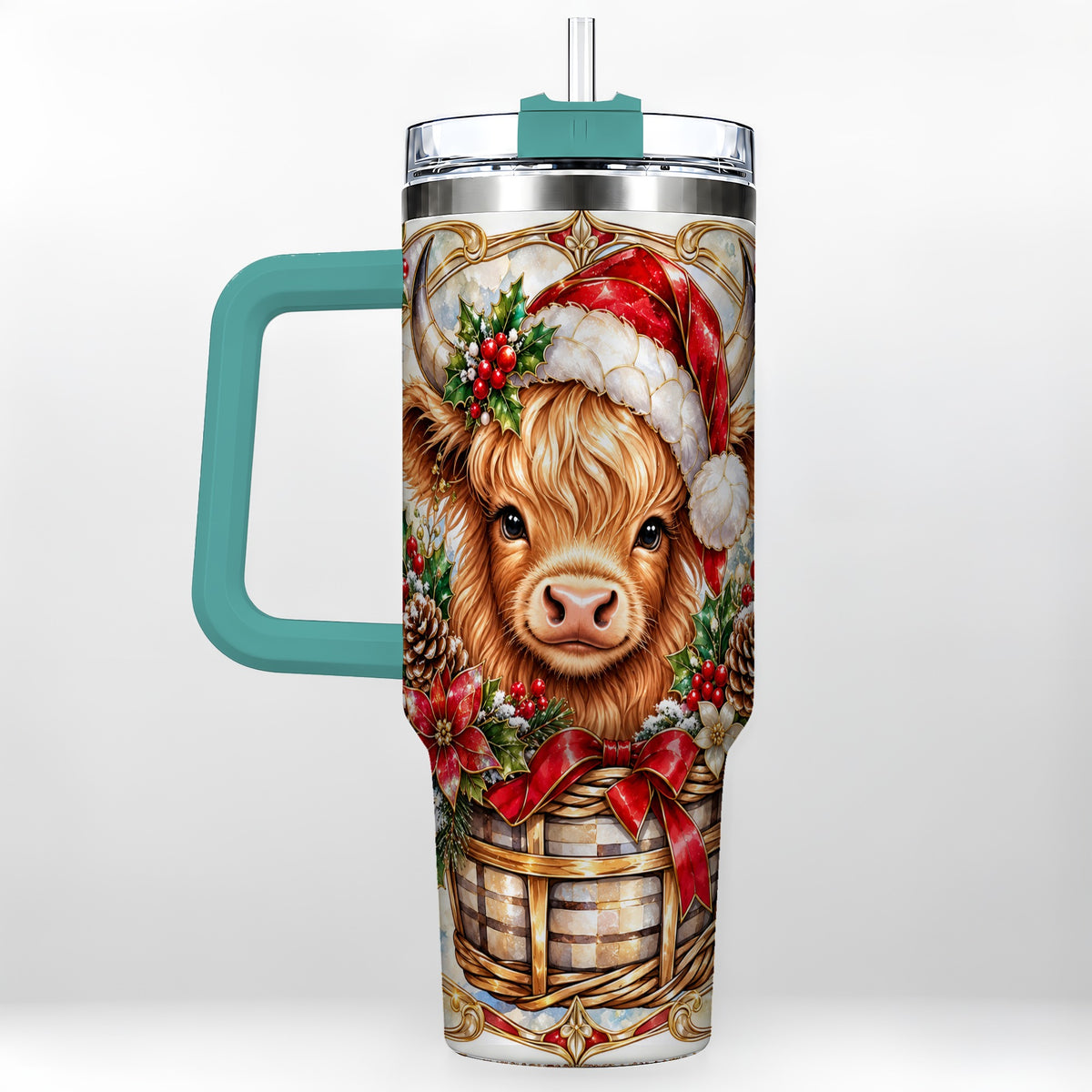 #pl[40oz|Green] Highland Cow 40oz Tumbler with Handle, Ornate Christmas Travel Cup